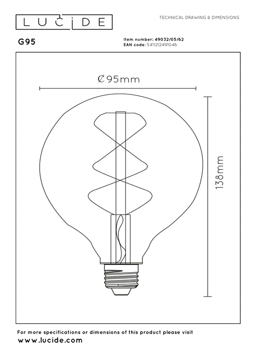Lucide G95 - Filament lamp - Ø 9,5 cm - LED Dimb. - E27 - 1x4,9W 2200K - Amber - technisch